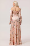 Blush Off The Shoulder Long Sleeves Print Satin Floral Plus Size Bridesmaid Dress with Slit