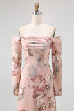 Blush Floral Off The Shoulder Printed Long Bridesmaid Dress with Slit