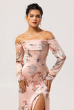 Blush Off The Shoulder Long Sleeves Print Satin Floral Bridesmaid Dress with Slit