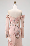 Blush Floral Off The Shoulder Printed Long Bridesmaid Dress with Slit