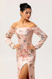 Blush Off The Shoulder Long Sleeves Print Satin Floral Bridesmaid Dress with Slit