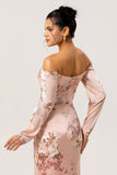 Blush Off The Shoulder Long Sleeves Print Satin Floral Bridesmaid Dress with Slit