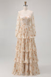 Ivory Floral Square Neck Corset Chiffon Backless Tiered Maxi Dress with Long Sleeves