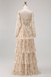 Ivory Floral Square Neck Corset Chiffon Backless Tiered Maxi Dress with Long Sleeves