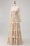 Ivory Floral Square Neck Corset Chiffon Backless Tiered Maxi Dress with Long Sleeves