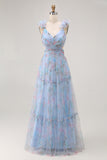 Pastel Blue A-Line Pleated Tulle Maxi Floral Dress with 3D Shoulder Appliqués