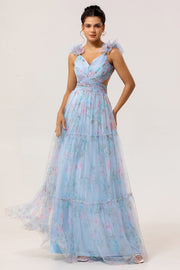 Pastel Blue A-Line Pleated Tulle Maxi Floral Dress with 3D Shoulder Appliqués