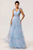Pastel Blue A-Line Pleated Tulle Maxi Floral Dress with 3D Shoulder Appliqués