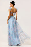 Pastel Blue A-Line Pleated Tulle Maxi Floral Dress with 3D Shoulder Appliqués