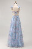 Pastel Blue A-Line Pleated Tulle Maxi Floral Dress with 3D Shoulder Appliqués