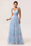 Pastel Blue A-Line Pleated Tulle Maxi Floral Dress with 3D Shoulder Appliqués