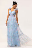 Pastel Blue A-Line Pleated Tulle Maxi Floral Dress with 3D Shoulder Appliqués