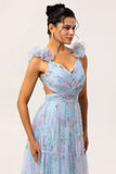 Pastel Blue A-Line Pleated Tulle Maxi Floral Dress with 3D Shoulder Appliqués
