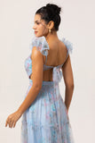 Pastel Blue A-Line Pleated Tulle Maxi Floral Dress with 3D Shoulder Appliqués