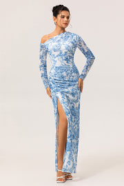 White Blue Floral One-Shoulder Long Sleeves Drawstring Maxi Dress with High Slit