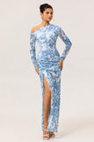 White Blue Floral One-Shoulder Long Sleeves Drawstring Maxi Dress with High Slit