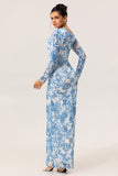 White Blue Floral One-Shoulder Long Sleeves Drawstring Maxi Dress with High Slit