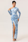 White Blue Floral One-Shoulder Long Sleeves Drawstring Maxi Dress with High Slit