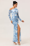 White Blue Floral One-Shoulder Long Sleeves Drawstring Maxi Dress with High Slit