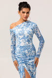 White Blue Floral One-Shoulder Long Sleeves Drawstring Maxi Dress with High Slit