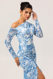 White Blue Floral One-Shoulder Long Sleeves Drawstring Maxi Dress with High Slit
