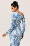 White Blue Floral One-Shoulder Long Sleeves Drawstring Maxi Dress with High Slit