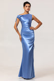 Blue Sheath Drawstring Satin Long Bridesmaid Dress with Slit