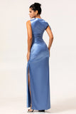 Blue Sheath Drawstring Satin Long Bridesmaid Dress with Slit