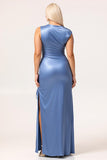 Blue Sheath Drawstring Satin Long Plus Size Bridesmaid Dress with Slit