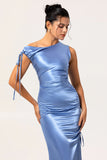 Blue Sheath Drawstring Satin Long Bridesmaid Dress with Slit