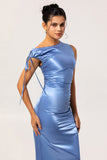 Blue Sheath Drawstring Satin Long Bridesmaid Dress with Slit