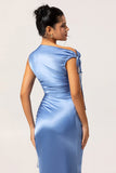Blue Sheath Drawstring Satin Long Bridesmaid Dress with Slit
