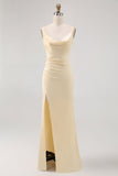 Champagne Sheath Cowl Neck Satin Long Bridesmaid Dress with Slit