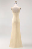 Champagne Sheath Cowl Neck Satin Long Bridesmaid Dress with Slit