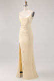 Champagne Sheath Cowl Neck Satin Long Bridesmaid Dress with Slit