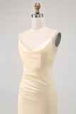 Champagne Sheath Cowl Neck Satin Long Bridesmaid Dress with Slit