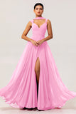 Fuchsia A Line Backless Long Convertible Chiffon Dress with Slit