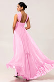 Fuchsia A Line Backless Long Convertible Chiffon Dress with Slit
