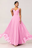 Blush Pink A Line Ruched Backless Convertible Chiffon Long Bridesmaid Dress with Slit