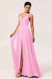Fuchsia A Line Backless Long Convertible Chiffon Dress with Slit