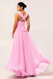 Fuchsia A Line Backless Long Convertible Chiffon Dress with Slit