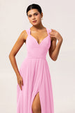 Fuchsia A Line Backless Long Convertible Chiffon Dress with Slit