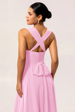 Fuchsia A Line Backless Long Convertible Chiffon Dress with Slit