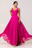 Fuchsia A Line Open Back Convertible Chiffon Long Bridesmaid Dress with Slit