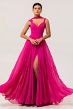 Fuchsia A Line Backless Long Convertible Chiffon Dress with Slit