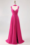 Fuchsia A Line Open Back Convertible Chiffon Long Bridesmaid Dress with Slit
