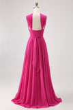 Fuchsia A Line Open Back Convertible Chiffon Long Bridesmaid Dress with Slit