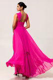 Fuchsia A Line Backless Long Convertible Chiffon Dress with Slit