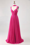 Fuchsia A Line Open Back Convertible Chiffon Long Bridesmaid Dress with Slit