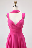 Fuchsia A Line Open Back Convertible Chiffon Long Bridesmaid Dress with Slit